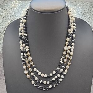 Hong Kong Black & White Glass Beaded Multi Strand Vintage Necklace